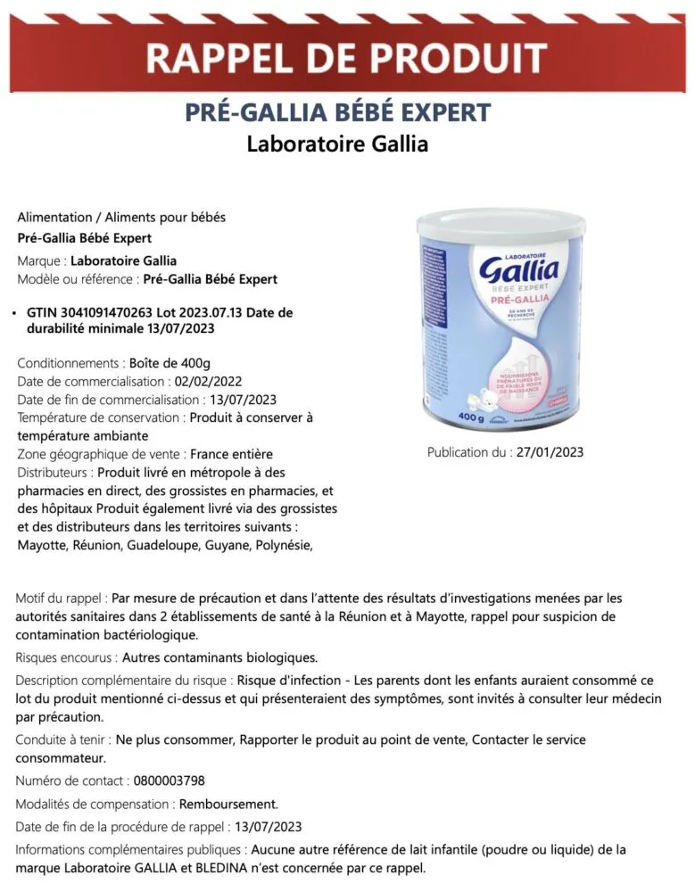 Rappel de produit d'un lot de lait infantile Pré-Gallia Bébé