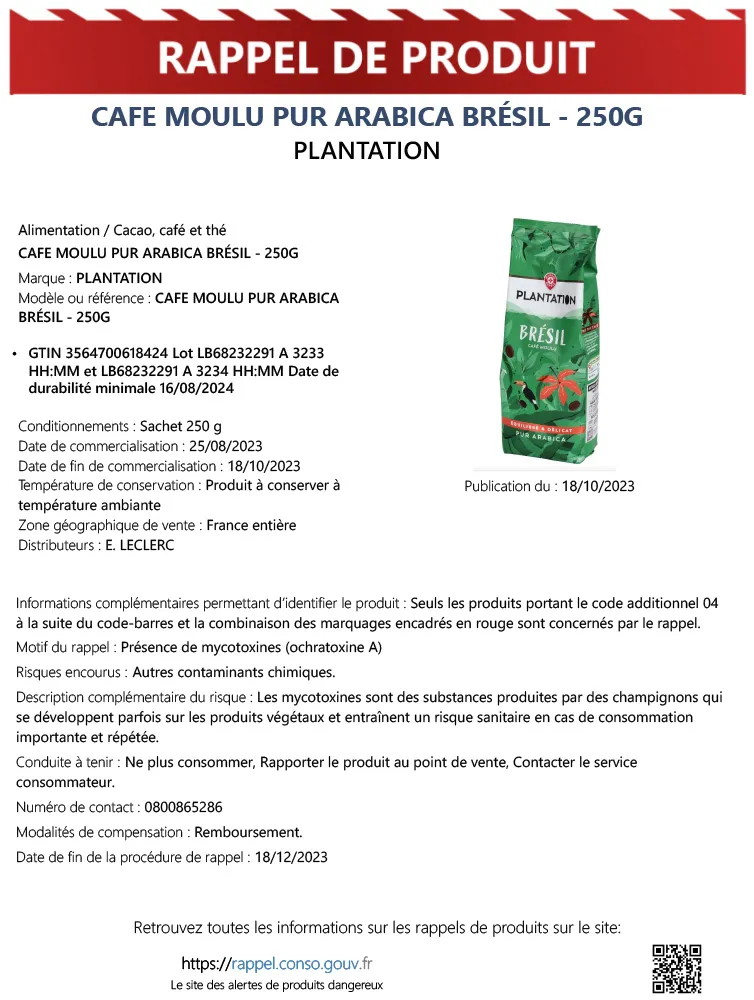 Rappel Consommateur - Détail CAFE MOULU PUR ARABICA BRÉSIL - 250G PLANTATION