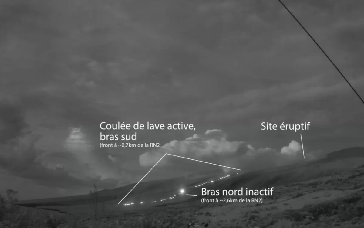 Piton de la Fournaise : la coulée active à environ 700 mètres de la RN2, vigilance autour de la route des Laves