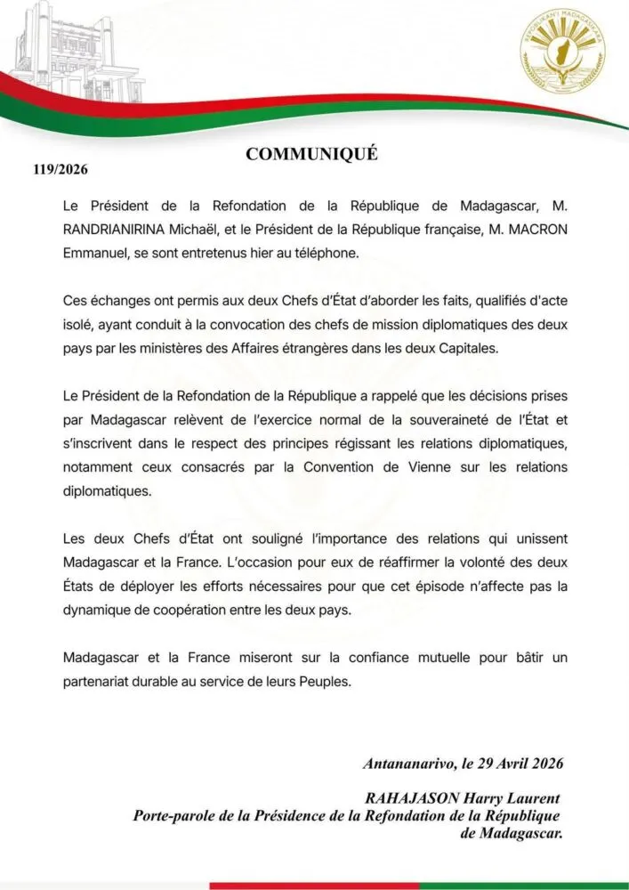 Madagascar – France : derrière l’appel Macron–Randrianirina, une tension diplomatique sous contrôle